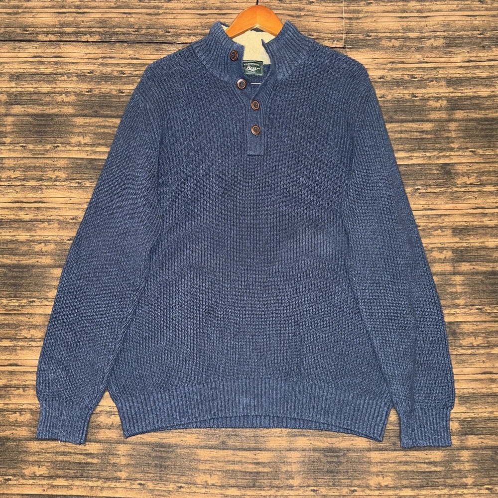 G.H. Bass & Co Sweater Mens XL Blue Mock Neck Henley Chunky Knit Pullover